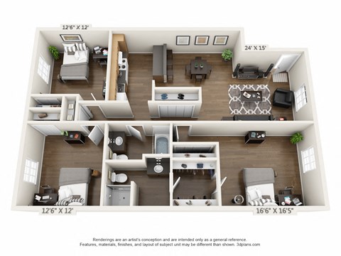 this is a 3d floor plan of a 824 square foot 1 bedroom apartment at the